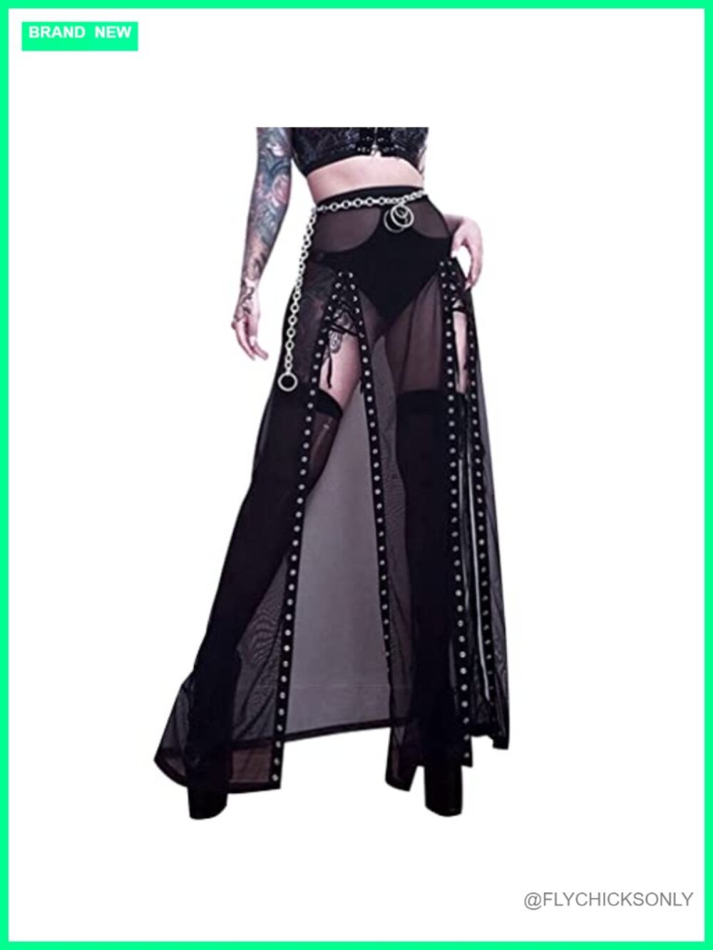 Double Slit Maxi Skirt Goth Punk See Through Sheer Mesh Long Split Skirt